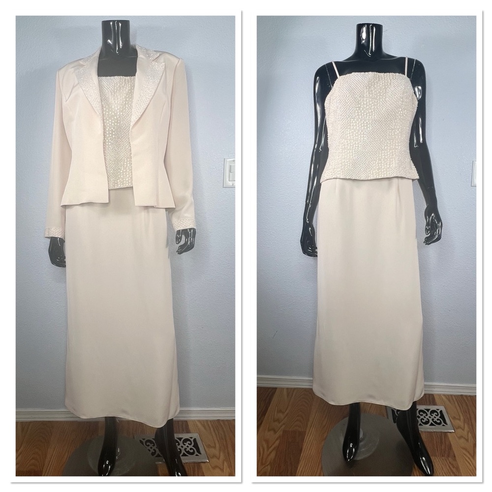 Cameron Blake 2pc Formal Midi Beaded Cream Dress & Jacket Set Sz 12